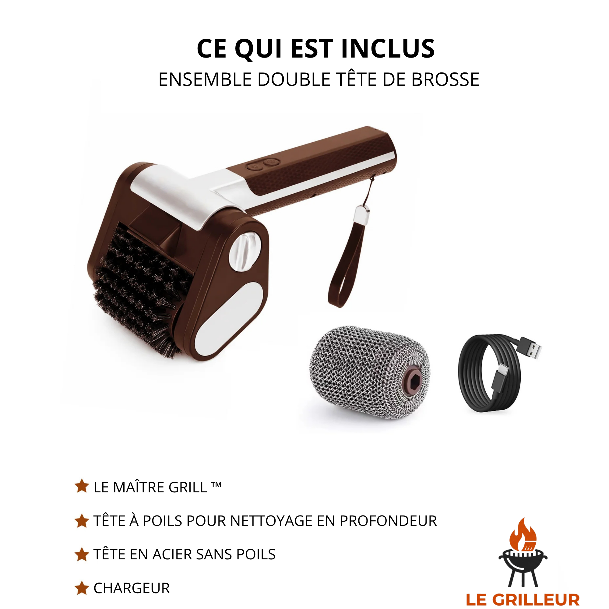 Contenu inclus de la brosse Le Maître Grill avec accessoires