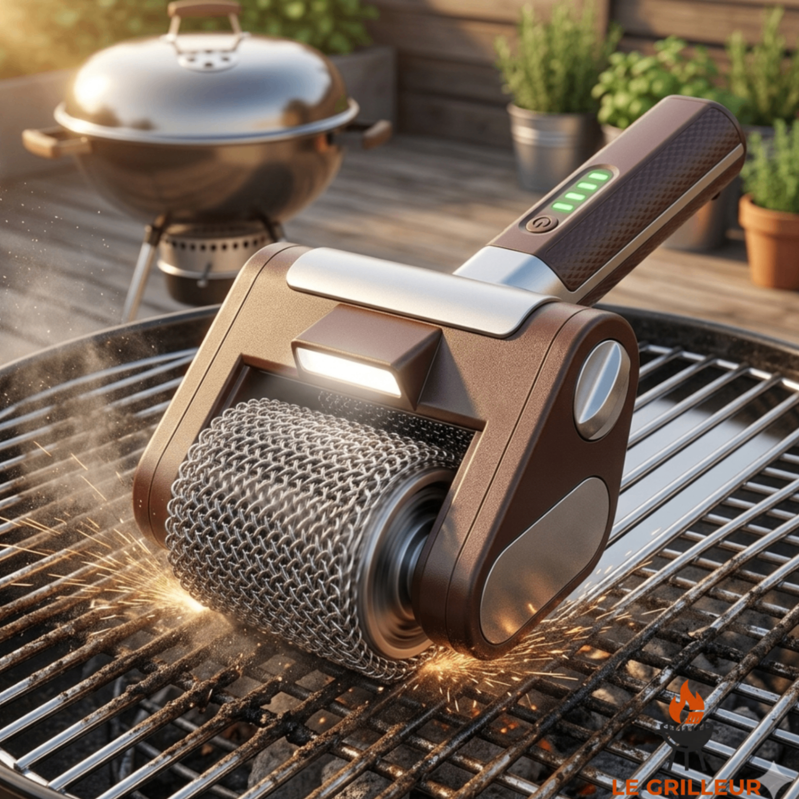 Brosse Le Maître Grill en action sur une grille de barbecue