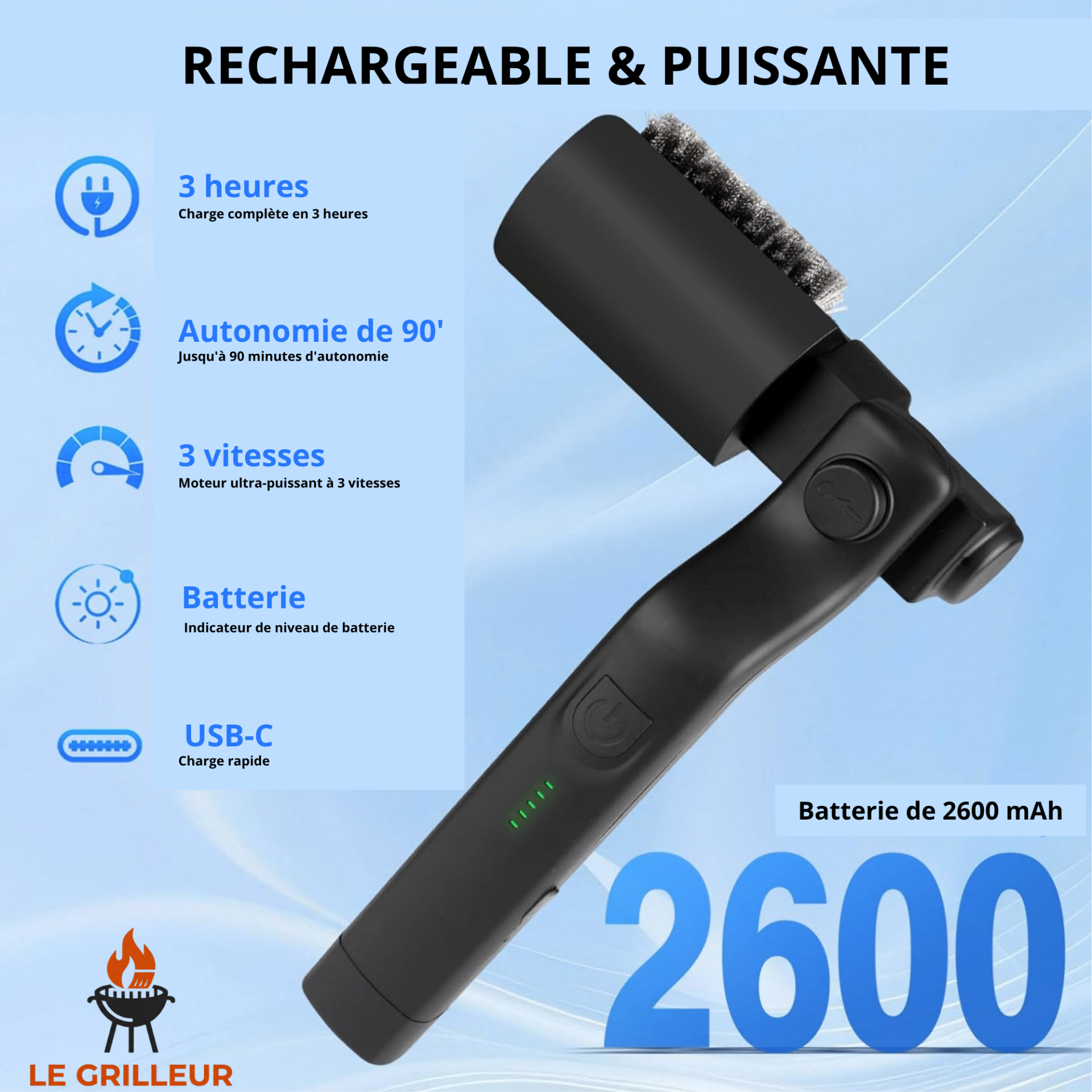 Brosse barbecue rechargeable Pro Roller et ses caractéristiques de batterie