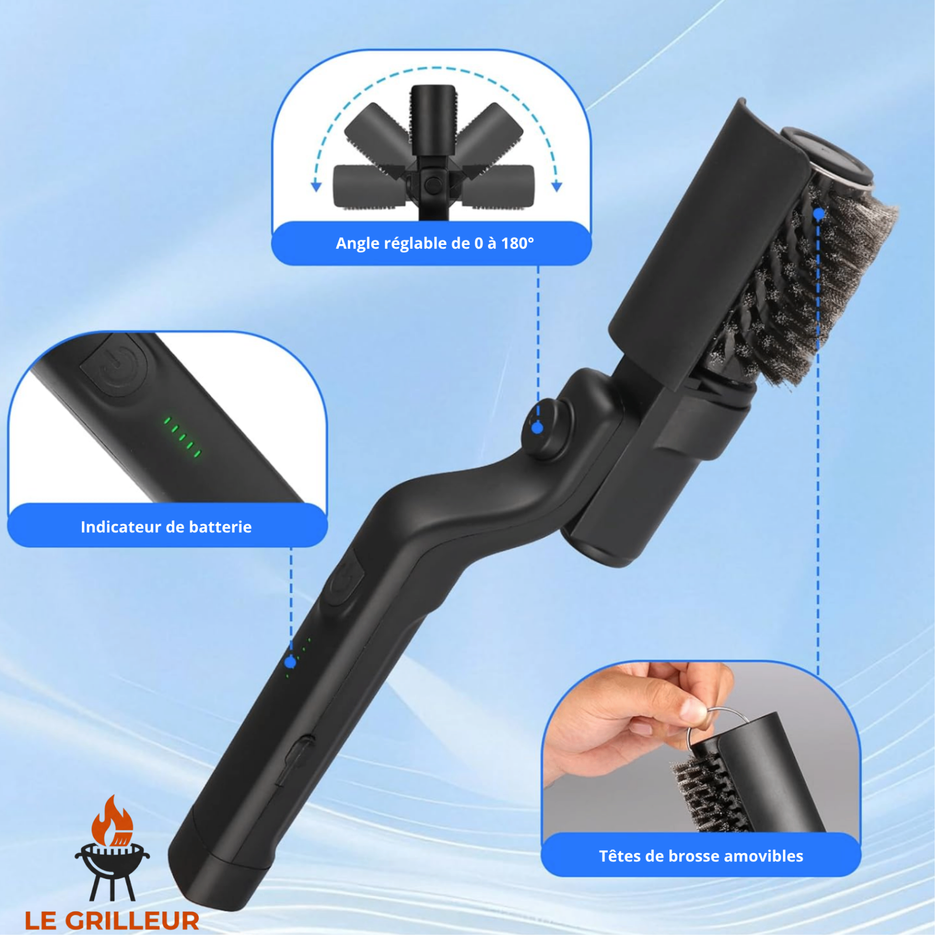 Brosse barbecue Pro Roller avec angle réglable et têtes amovibles